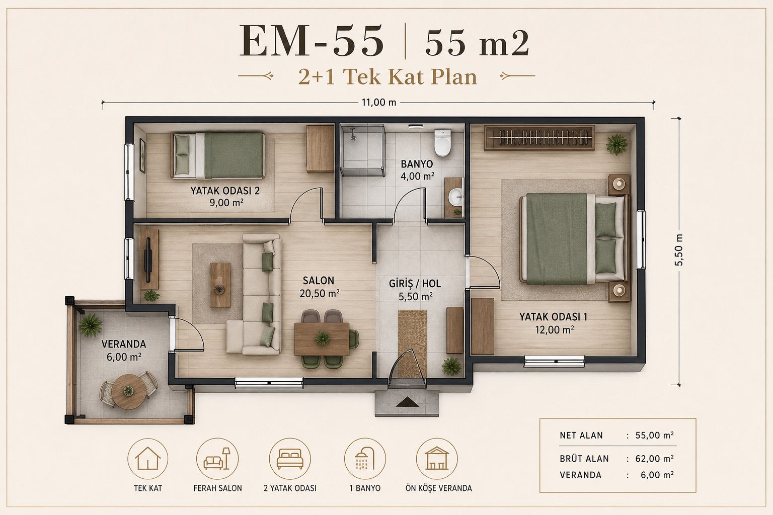 EM-55 prefabrik ev kat planı