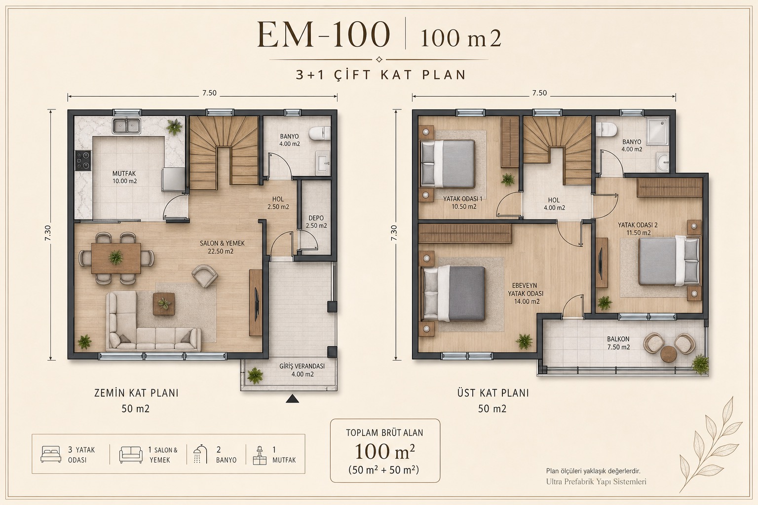 EM-100 prefabrik ev kat planı